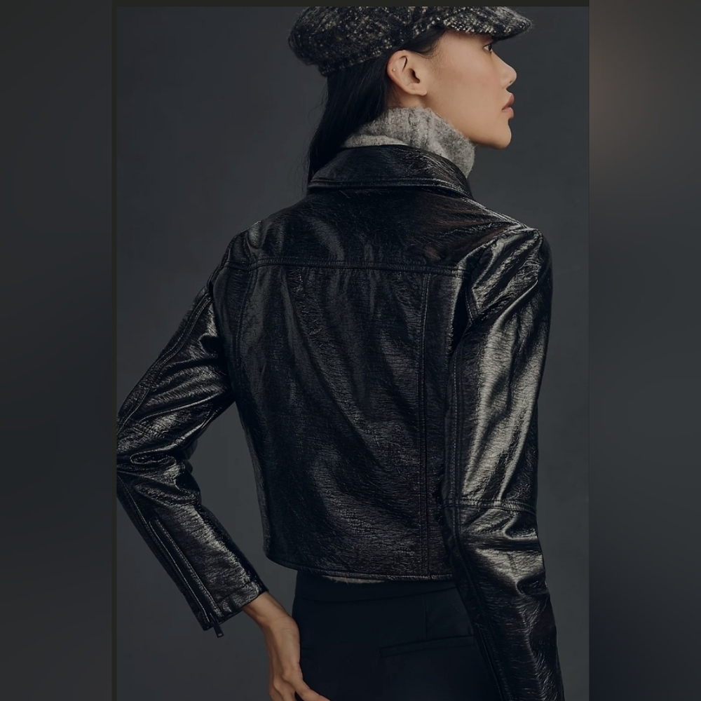 MAEVE By Anthropologie Crinkle Faux Leather Crop Moto Jacket Women's Size Large - Picture 3 of 4